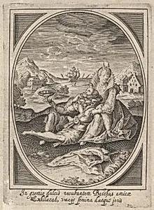 A couple seated on the ground, the man holding a goblet and reclining against the woman's leg, a ship at sea and landscape beyond by Heinrich Ulrich