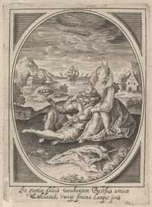 A couple seated on the ground, the man holding a goblet and reclining against the woman's leg, a ship at sea and landscape beyond
