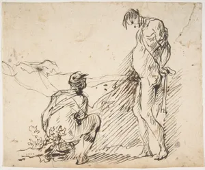 A Crouching Man Defecating and a Standing Man Urinating