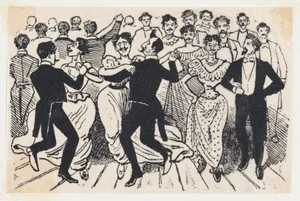 A dance with men in dresses paired with men in suits from a broadside entitled 'Los 41 maricones encontrados en un baile de la Calle de la Paz el 20 de Noviembre de 1901'