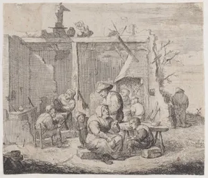 A dilapidated building with eight peasants engaged in various activities