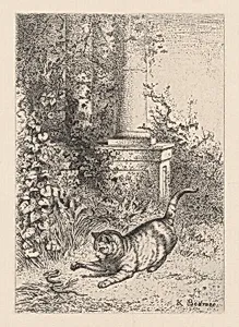 A Domestic Cat Playing with a Garter Snake, from "Eaux-Fortes Animaux & Paysages" by Jules Géruzet|Bertauts|Karl Bodmer