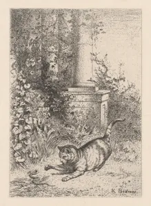 A Domestic Cat Playing with a Garter Snake, from "Eaux-Fortes Animaux & Paysages"