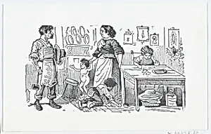 A domestic scene with a mother holding her child's hand while talking to her husband by José Sanchez|José Guadalupe Posada