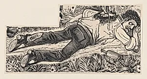 A drunken man with a bottle at his side in a field by José Guadalupe Posada