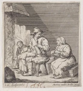 A family of four peasants gathered before the fireplace