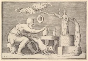 A Faun or Satyr Preparing a Pig for Sacrifice, from "Ex Antiquis Cameorum et Gemmae Delineata/ Liber Secundus/et ab Enea Vico Parmen Incis"