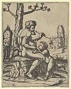 A faun sitting on a rock holding a flute in his left hand; a child stands between his knees by Marcantonio Raimondi|Raphael (Raffaello Sanzio or Santi)