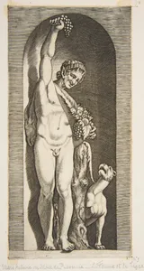 A faun standing in a niche holding aloft a bunch of grapes with his right hand and fruit with his left hand, a dog lower right