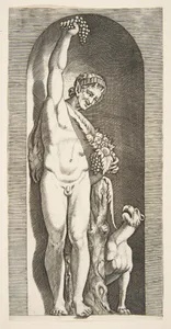 A faun standing in a niche holding aloft a bunch of grapes with his right hand and fruit with his left hand, a dog lower right