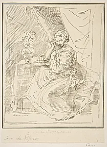 A female figure seated beside a flower vase