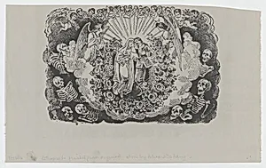 A female saint standing with a cavalier and surrounded by angels and skeletons by José Guadalupe Posada