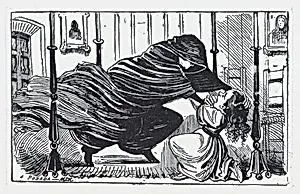 A figure in a cloak strangling a young girl