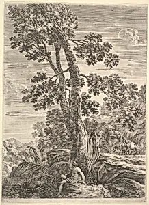 A fisherman at center facing left and leaning against a large tree, a woman walking next to a horse to right in the background, from 'Four large landscapes' (Quatre grands paysages en hauteur) by Stefano della Bella
