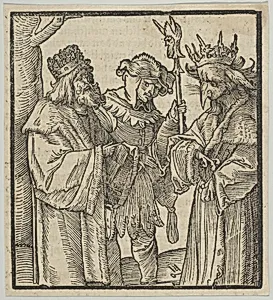 A Fool in the Service of the Devil and a Virtuous Man, from Hymmelwagen auff dem, wer wol lebt... by Hans Schäufelein|Hans von Leonrodt|Silvan Otmar