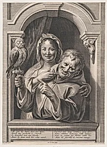 A Fool with an Owl and a Woman at a Window