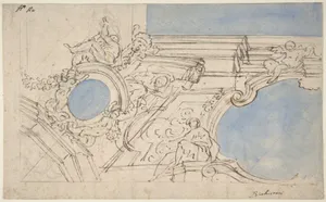 A Foreshortened View of a Ceiling Corner Decorated with Statues, Putti and Garlands