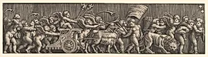 A frieze arrangement depcting the Triumph of Love; Cupid in a Chariot led by goats, many other putti filling the composition by Master of the Die|Raphael (Raffaello Sanzio or Santi)