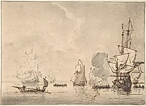 A Frigate at Anchor, Saluting a Nearby Yacht