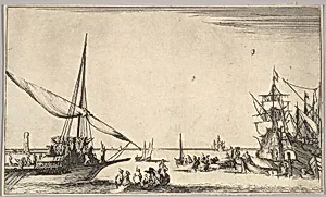 A galley arriving at port to left, several rowboats in center, ships at port to right, from 'Set of eight nautical landscapes' (Suite de huit Marines) by Stefano della Bella