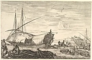 A galley covered in sails to left, six cannons and four people to left in foreground, one man seated at far left smoking a pipe, a man assisting others disembarking from rowboats to right, other rowboats and ships in the background, from 'Views of the port of Livorno' (Vues du port de Livourne) by Stefano della Bella
