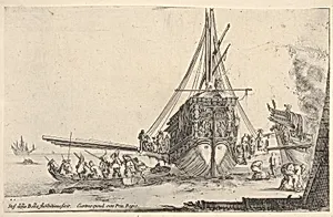 A galley embarking at center, seen from behind, the stern of another galley to right under a fire, eight men in a rowboat to left, from 'Varie figure' by Stefano della Bella|François Langlois