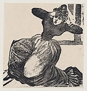 A gasping woman on the ground with her hands raised to her head, from a broadside entitled 'Gaceta Callejera' by José Guadalupe Posada