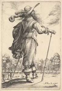 A gentleman, seen from behind, walking towards the right with a cane and wearing a plumed hat, from "The Garden of the French Nobles In Which One Can Pick Up Their Way of Dressing"