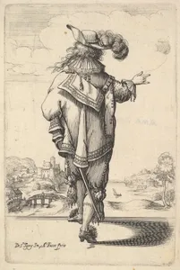A gentleman wearing a plumed hat and carrying a sword, seen from behind, his right arm outstrestched, a landscape in the background with houses and a tower, from "The Garden of the French Nobles In Which One Can Pick Up Their Way of Dressing"
