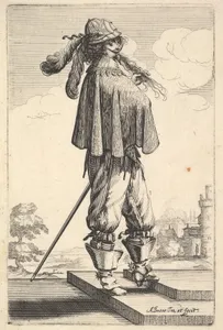 A gentleman wearing a short coat, a helmet, and boots with spurs, standing on the steps and turned towards the right, from "The Garden of the French Nobles In Which One Can Pick Up Their Way of Dressing"