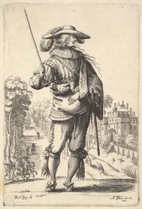 A gentleman with his head turned towards the right in profile, wearing a plumed hat and a cloak with the cross of the Order of the Holy Spirit, holding a whip in his right hand and his left arm in a sling, from "La Jardin de la Noblesse Françoise dans lequel ce peut ceuillir leur maniere de Vettements"