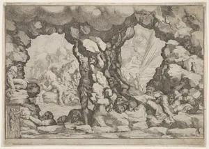 A giant heaving a boulder at center, other giants to left and right struggling and recoiling against impending boulders, nude figures climbing rocks and struggling in the background, from 'Giove che fulmina li giganti', after the frescoes on the ceiling of the Sala dei Giganti designed by Giulio Romano for the Palazzo del Te, Mantua