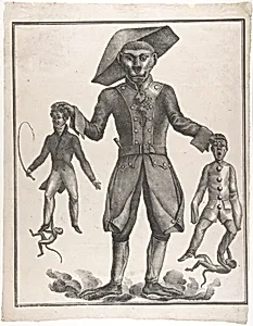 A Giant Monkey in Uniform Holding up Pierrot and a Man with a Whip by Anonymous, French, Austrian or German, second decade19th century