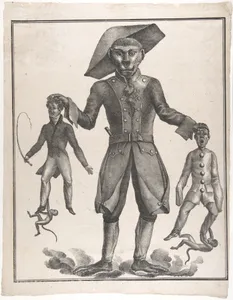 A Giant Monkey in Uniform Holding up Pierrot and a Man with a Whip