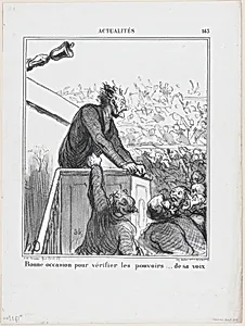 A good occasion to test the power of his voice, from 'News of the day,' published in "Le Charivari" by Walter Frères|Honoré Daumier|Arnaud de Vresse