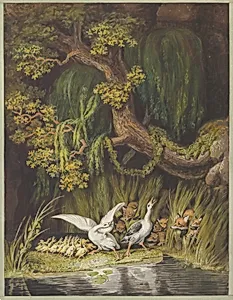 A Goose and a Gander with their Goslings Honking in Alarm as Two Foxes with their Cubs Emerge from the Rushes by Johann Heinrich Wilhelm Tischbein