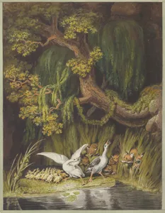 A Goose and a Gander with their Goslings Honking in Alarm as Two Foxes with their Cubs Emerge from the Rushes