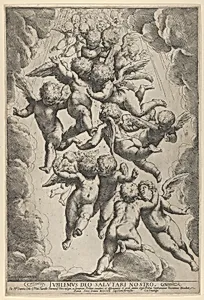 A group of angels embracing in flight, framed by clouds by Guido Reni|Luca Cambiaso