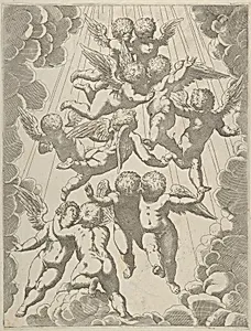 A group of angels embracing in flight, framed by clouds, after Reni by Guido Reni|Luca Cambiaso|Anonymous, 17th century