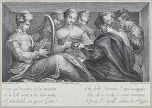 A group of elegantly dressed people playing the harp and a guitar