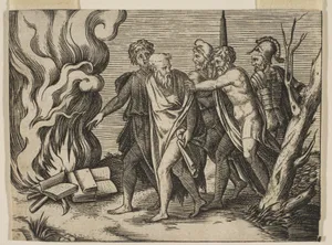 A group of men at right pushing philosophers toward a fire with burning books at the left