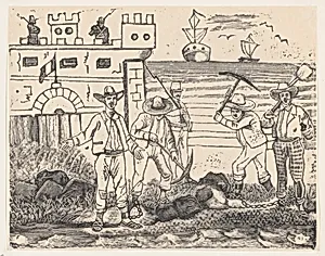 A group of prisoners engaged in manual labor, from a broadside entitled "Ultimas noticias de Gerardo Nevraumont y compañeros' by José Guadalupe Posada