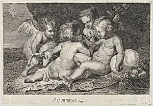 A group of three children and a putto with fruit and a lamb by Philip Spruyt|Peter Paul Rubens