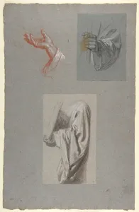a. Hand of Saint Remi; b. Hand of Saint Remi; c. Drapery Study for Acolyte Holding Book (middle register); (studies for wall paintings in the Chapel of Saint Remi, Sainte-Clotilde, Paris, 1858)
