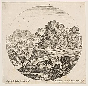A horse lying down at center, a cow and two goats at right, two seated shepherds to left, a waterfall and a mountain at left in the background, plate 10 from "Roman landscapes and ruins" (Paysages et ruines de Rome) by Stefano della Bella|François Langlois