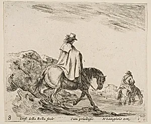 A horseman descends a riverbank, another horseman in river to right, plate 8 from "Diversi capricci" by Stefano della Bella|Nicolas Langlois
