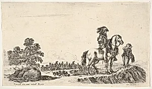 A horseman facing right in profile asking a young man for directions, a dead horse to left, a group of horsemen to left in the background, from 'Various figures and lands' (Diverse figure e paesi) by Stefano della Bella|Israël Henriet