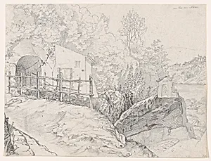 A House near a Grotto and a Roadside Chapel at Lake Nemi, with a View of Genzano from the North; verso: Sketch of Trees on the Border of a Lake, with Mountains in the Background by Johann Martin von Rohden