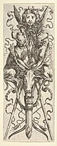 A hunting trophy: a quiver, two arrows, two bows, a deer head, two dogs, two spears, and the head of Diana at top, from 'Ornaments or Grotesques' (Ornamenti o Grottesche) by Stefano della Bella