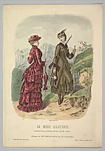 A Lady in a Hunting Costume with a Lady in Walking Costume on a Mountain Path from La Mode Illustrée by Adèle-Anaïs Toudouze